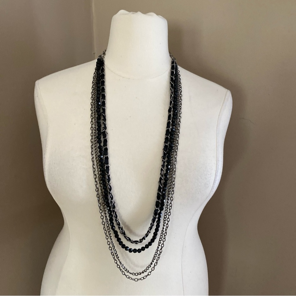 Black faux bead & Silver-tone 4 strand 38” Necklace & Earrings & Bracelet Set